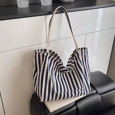 Retro Elegant Striped Canvas Tote Bag, Korean Style Casual Large Capacity Women Shoulder Bag, Suitable For Lady Travel And Vacation - Blue