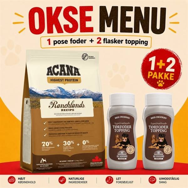 Menu til kræsne hunde - Acana Ranchland & Avlskovgaard topping med okse