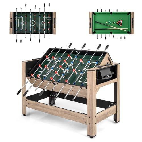 COSTWAY 2 i 1 vridbart multispelbord, multifunktionellt bord med bordskicker och biljardbord, bordsfotboll komplett set inkl. 2 bollar, köer och tillbehör, kickbord för barn, vuxna