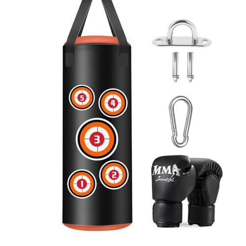 JUOIFIP Hängande boxningssäck för barn, 2 fot boxningsväska set med handskar, kedjor och fästkrokar, mikrofiberläder, tung väska för träning, kickboxning, fitness, barnträning