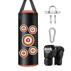 JUOIFIP Hängande boxningssäck för barn, 2 fot boxningsväska set med handskar, kedjor och fästkrokar, mikrofiberläder, tung väska för träning, kickboxning, fitness, barnträning