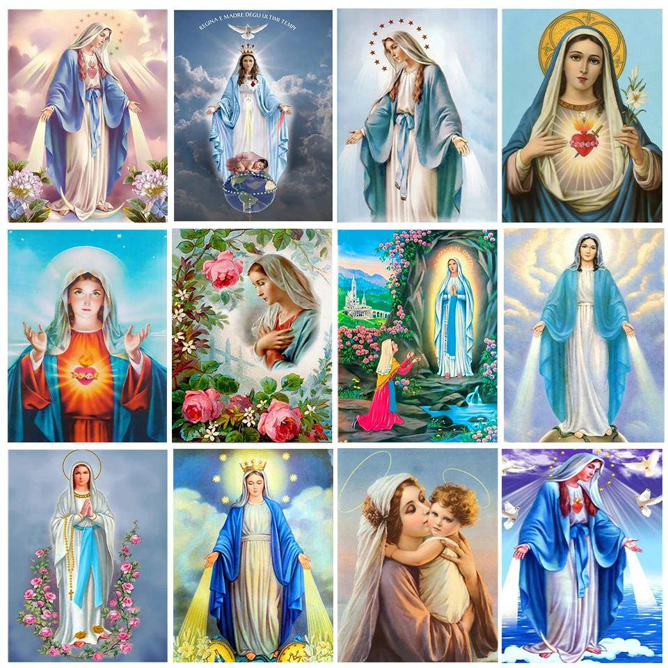 5D Jungfru Maria diamantkorsbroderi hel diamantbroderi hel cirkel kvadratisk mosaik Kristen heminredning Religion