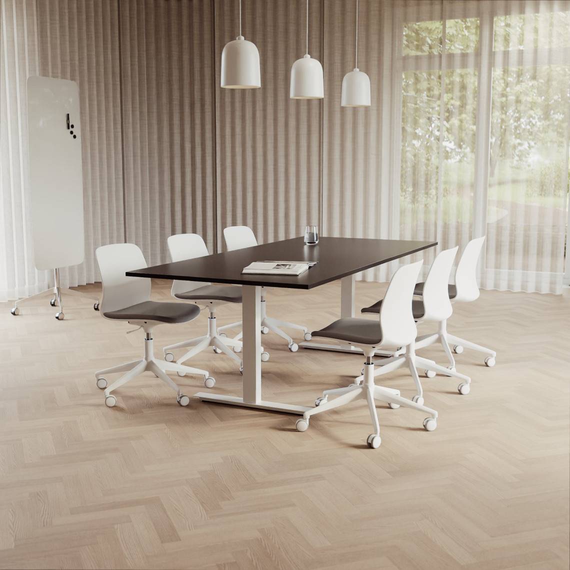 Konferensgrupp Modul + Ergo 006C, Storlek 6 platser (220 cm), Bordsskiva Svart, Underrede Vit, Stol Vit / Ljusgrå