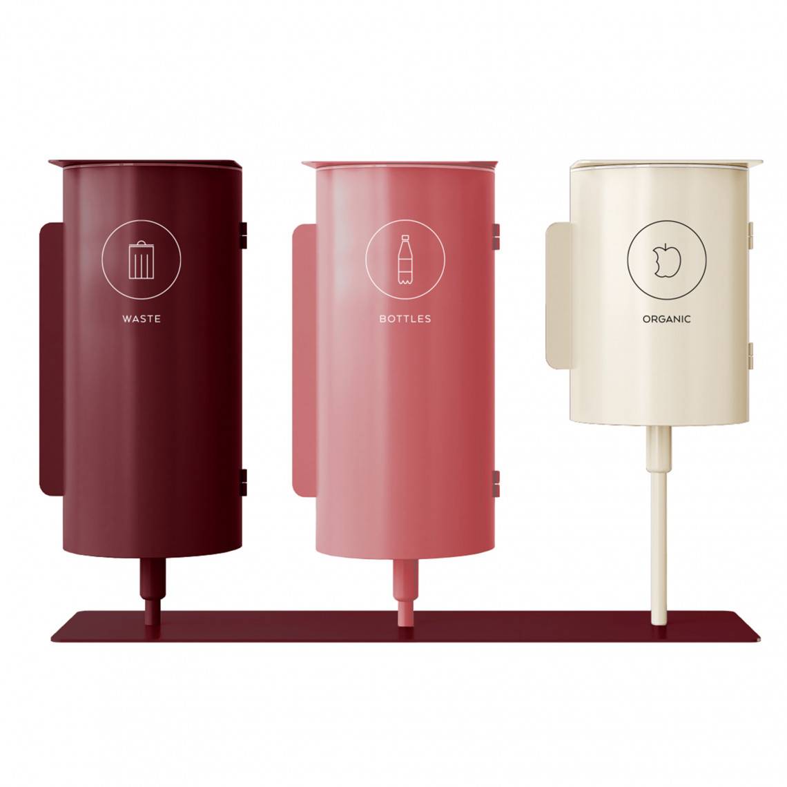 Källsorteringskärl Birdie - Kombination, Utförande Vinröd Waste (63L), Gammelrosa Bottles (63L) & Pärlvit Organic (43L)