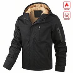 Men Work Jacket Outdoor Coat Plus Hooded Coat Warm, Going Out Hooded Black Sherpa Jacket, For Friends, Husband, Boyfriend Gifts - Black - L,M,S,XL,XXL