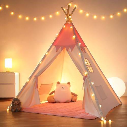 besrey Tipi tält för barn, Tippi barntält, barntält för inomhus, barntipi, barnrum goshörna flicka, lektält (rosa + vit)