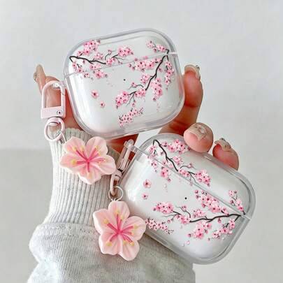 Transparent hörlursfodral med körsbärsblomstryck och 3D-blomcharm, kompatibelt med 1/2/3 generation / Pro/Pro2, stötsäkert mjukt hörlursöverdrag - Rosa (Multi-size)