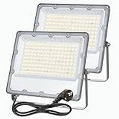 MEEKBOS 2 Pack 100W LED Flodljus Utomhus, 6500K Dagsljus Vit 8910LM Super Bright Säkerhetslampor Med EU-kontakt, IP66 Vattentäta Floodlight för Trädgård, Garage, Gräsmatta