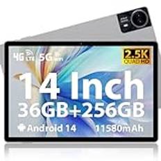 MAXLEGEN Android 14-surfplatta, 14 tum FHD 2,5K-skärm, 36 GB RAM + 256 GB ROM (1 TB expanderbar), Android-surfplatta med SIM 4G LTE/5G wifi/GPS/13MP/Octa-Core/11580 mAh, fodral, hörlurar, penna ingår