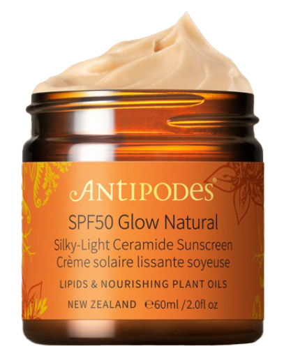 Antipodes Glow Natural | Silkeslen hudvård SPF50+ (no white cast).