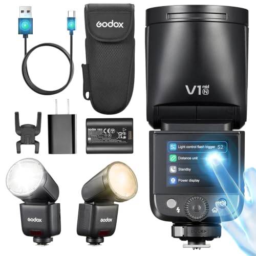 Godox V1 MID N Blixt för Nikon, 55W Runt Huvud med Touchskärm, 24mm Optik, 650+ Blixtar på Full Effekt, Återladdning 1.7s, TTL/HSS 1/8000s, Magnetisk AK-R1 för Nikon Zf Z6II Z8 D850 (V1MID N)