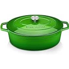 Vancasso Gjutjärnsgryta, 8 liter grön oval emaljerad gryta med dubbla öglor, naturligt non-stick gjutjärn holländsk ugn för hembakning, bräckare, matlagning - 37 cm