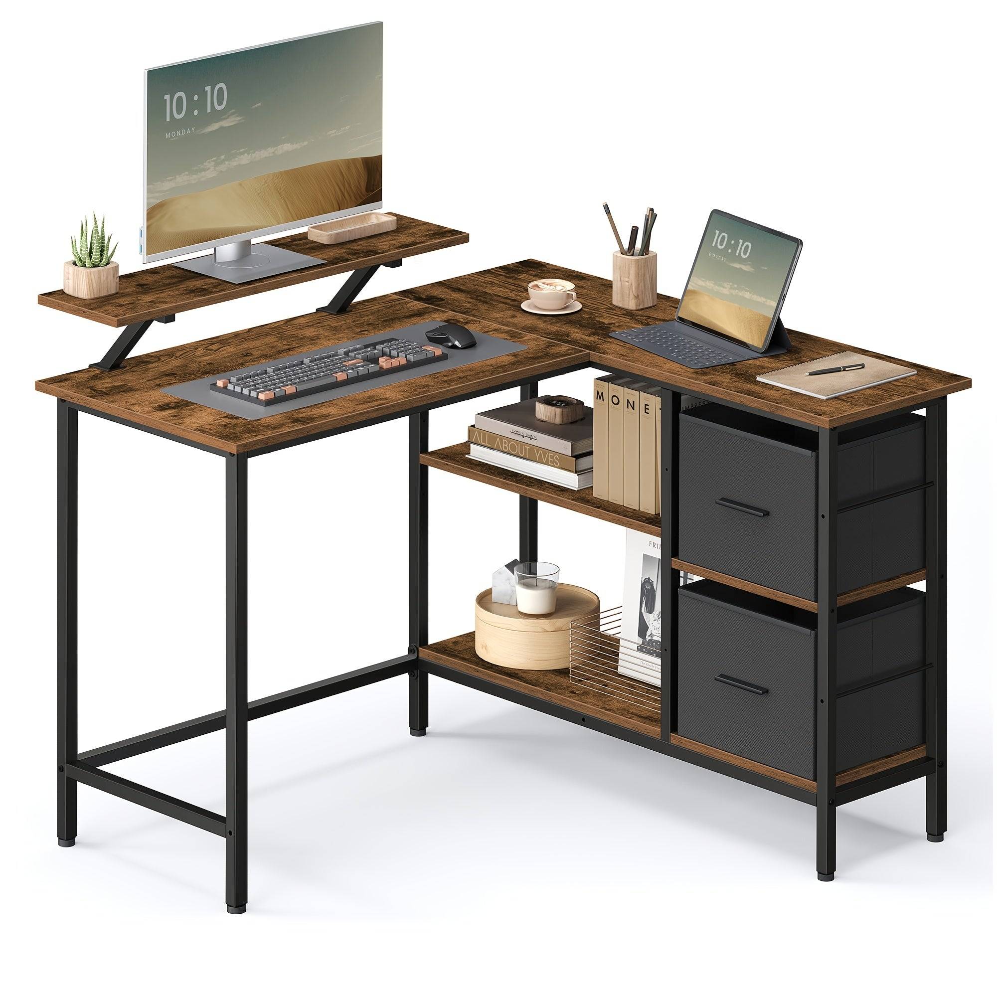 Space-Saving L-Shaped Computer Desk with Dual Drawers Heavy-Duty Gaming & Home Office Desk - A-Brown