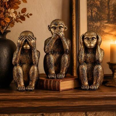 3 st See No Evil Hear No Evil Speak No Evil-statyett med de tre visa aporna, vintage guldharts djurfigur, för soffbord, eldstadshyllan, bokhylla och a ((Används för att hålla ornament på plats) Silikon,Guld (3-delars set))