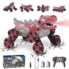 Dinosaurie fjärrstyrd bil, 8WD monsterTruck fjärrstyrd från 4 5 6 7 8 9 10 år, 2,4 Ghz RC bil med 360° rotation/spray/ljus/brylle, dinosaurieleksak, gåva från 3–12 år pojkar, röd
