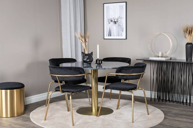 Estelle spisebordssæt med gråt marmor bord Ø106cm + 4 sorte stole og guld