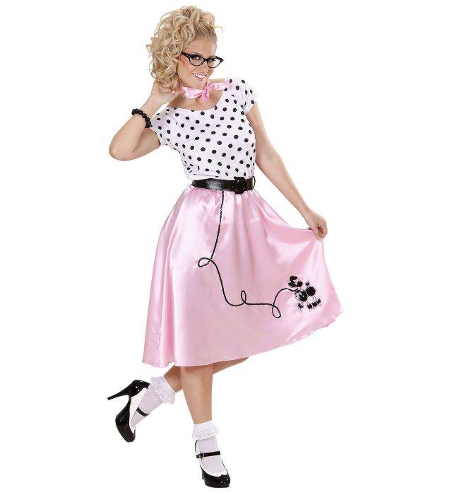 Lyserødt 50'er kjole kostume med puddel motiv og prikker - 3 dele.
