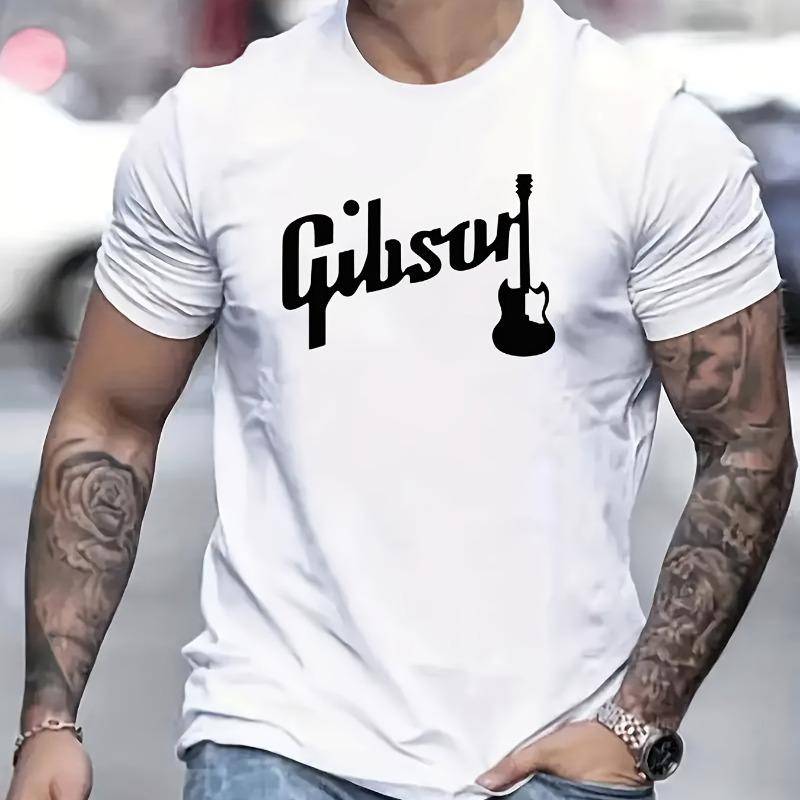 Herrsommar 100% Bomull Trendig Casual Lös Stor Gibson Gitarr Tryckt Sport Rund Hals Kortärmad T-shirt Topp cm gray