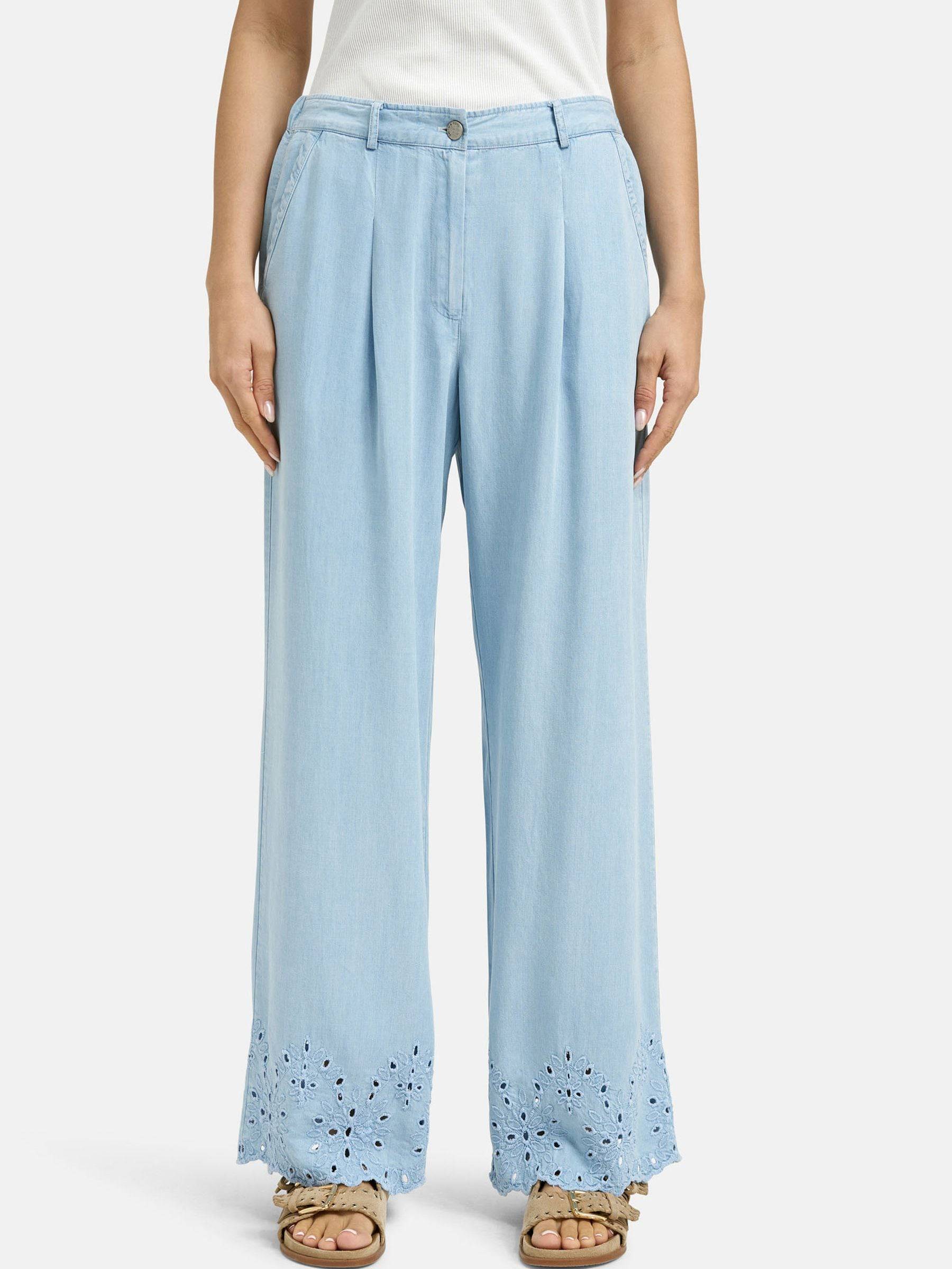Smith & Soul Smith & Soul Blue Wide Leg Lyocell Trousers with Hem Embroidery Detail
