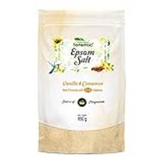 Nortembio Epsom salt 850 g doftande vanilj och kanel badsalt. Magnesiumsulfat med vitamin C och E. Epsom-salt för muskelavslappning och god sömn. E-bok ingår.