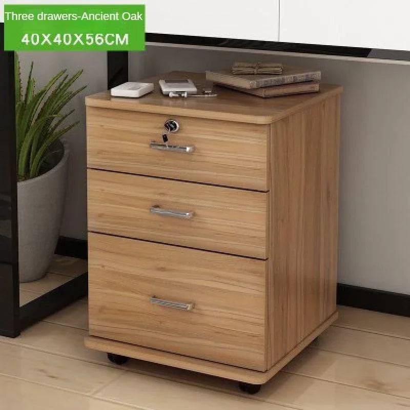 3 Drawer Wooden Office Cabinet File Storage Cabinet with Lock Floor Stand Wheel Design Movable File Organizer Office Supplies - Ancient oak