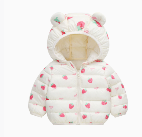 Mini Fashion™ - Vinterjacka med huva i polyester Grädde Jordgubbe / 110 (5-6 år) | Pedagogiska Träleksaker