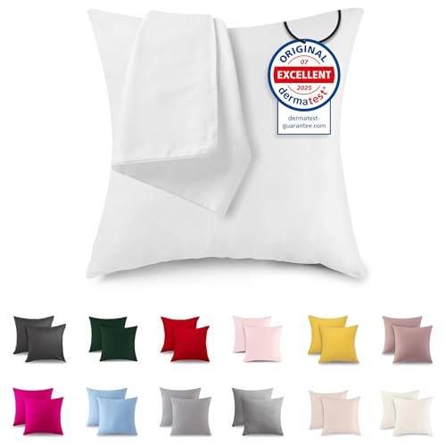 ATsense 2er Set Kissenbezug 40x40 cm - 100% Baumwolle, Weiß Kopfkissenbezug Weich und Hypoallergen, ÖkoTex Zertifiziert, Kissenhülle mit Reißverschluss für Allergiker Geeignet