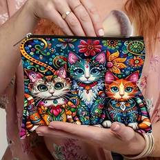 TEMU Colorful Makeup Travel Bag With Zipper - Lightweight, Foldable Cosmetic Pouch For Women, Ideal Gift For And Teachers, Cute Cat Clutch, Makeup Bag