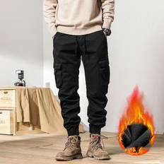 Flerfickor Vinter Cargo Byxor Herr Fleece Foder Tjock Varm Slim Fit Joggers Streetwear Casual Termobyxor bomull 38 svart