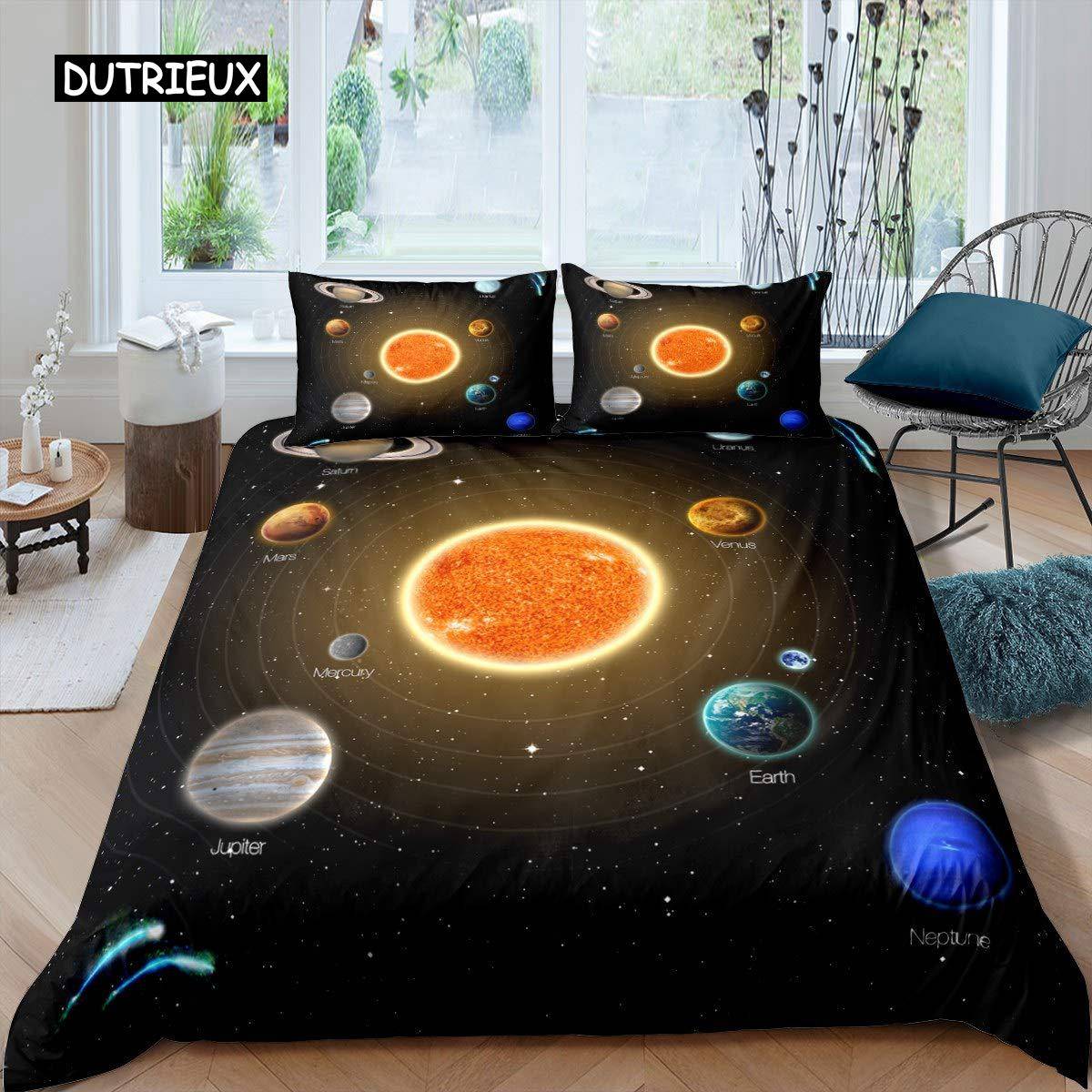 Sol System Täcke Set Twin King Mikrofiber Yttre Rymden Galax Sängkläder Set Universum Planet Astronomi King Size Täcke EU Double(200x200cm)