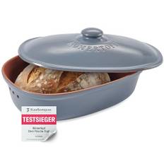 Römertopf Brottopf aus natürlicher Keramik, ideal für die Aufbewahrung von Brot und Gebäck 30x21x14.5cm blau-grau