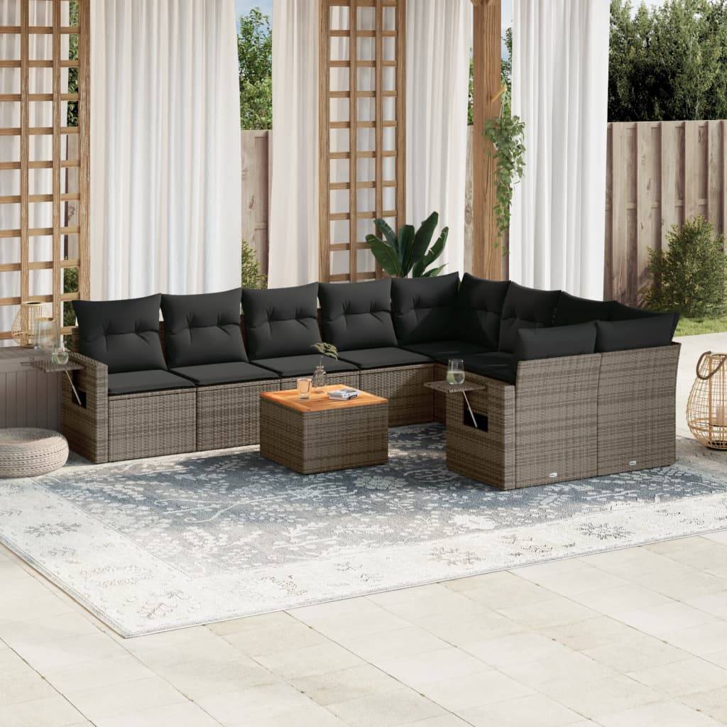 Havesofasæt 10 Dele Med Hynder Polyrattan - Grå / bord 2x hjørnedel 5x midterdel