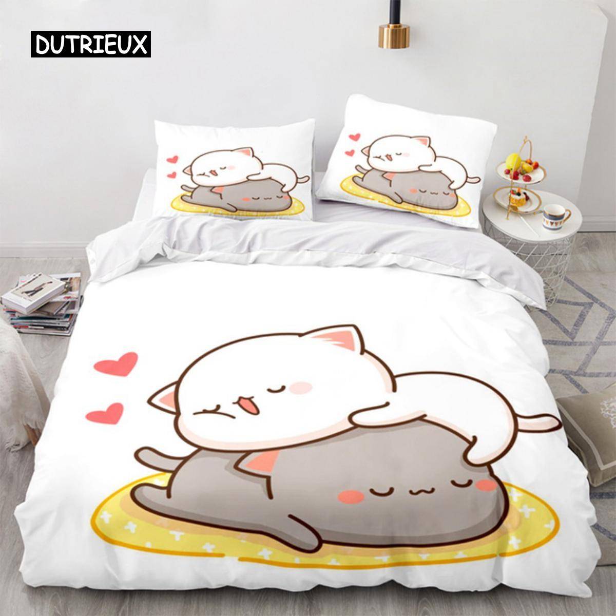 Persika Katt Sängkläder Överdrag Set Goma Söta Tecknade Katter Påslakan Infantil Sängkläder Queen King Size för Barn Flickrumsinredning EU single(135x200cm)