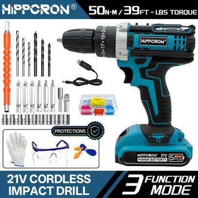 HIPPCRON 21V sladdlös slagborrmaskin, 50 Nm vridmoment, 25+3 momentinställningar, 3/8" nyckelfri chuck, LED-lampa, snabbladdande batteri + 24 tillbehö - Svart (En-Storlek)