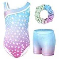 Gogokids Gymnastikset för flickor, tredelad y-hals, ärmlös leotard med shorts och hårband, balett, dansande leotard gymnastikdräkt med blå och lila färgblockdesign, 3–12 år, ROSA, 120(110-120 cm,6-7Y)