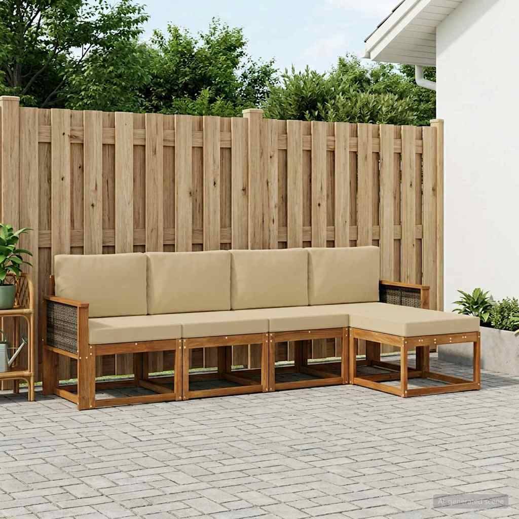 Udendørs Sofagruppe 5 Dele Massivt Akacietræ - Naturlig og beige / Grå rattan