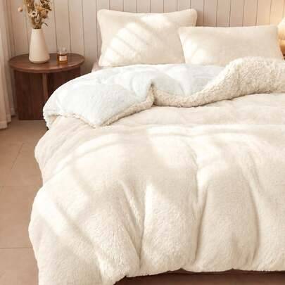 2/3-delat täckeöverdragset i konstnärig mink, lång lugg, silkeslen mjuk, mjuk och söt, 1 täckeöverdrag + 1/2 örngott, bekväm fluffig textur, flera fär - Vitt (Multi-size)