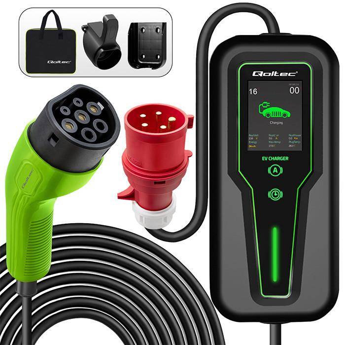 Qoltec Mobil laddare för elbil EV med justering 2-i-1 Typ2 | 11kW | 3 Faser | CEE 32A | LCD | Bärbar | Wallbox | 5m