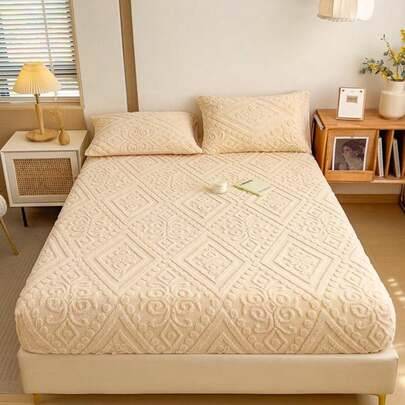 1 st fitted lakan i taft och sammet, sängöverkast och madrasskydd, flerfärgsval, bekvämt, varmt, mjukt, noppfritt och hudvänligt, minimalistisk hemtex - Beige (Multi-size)