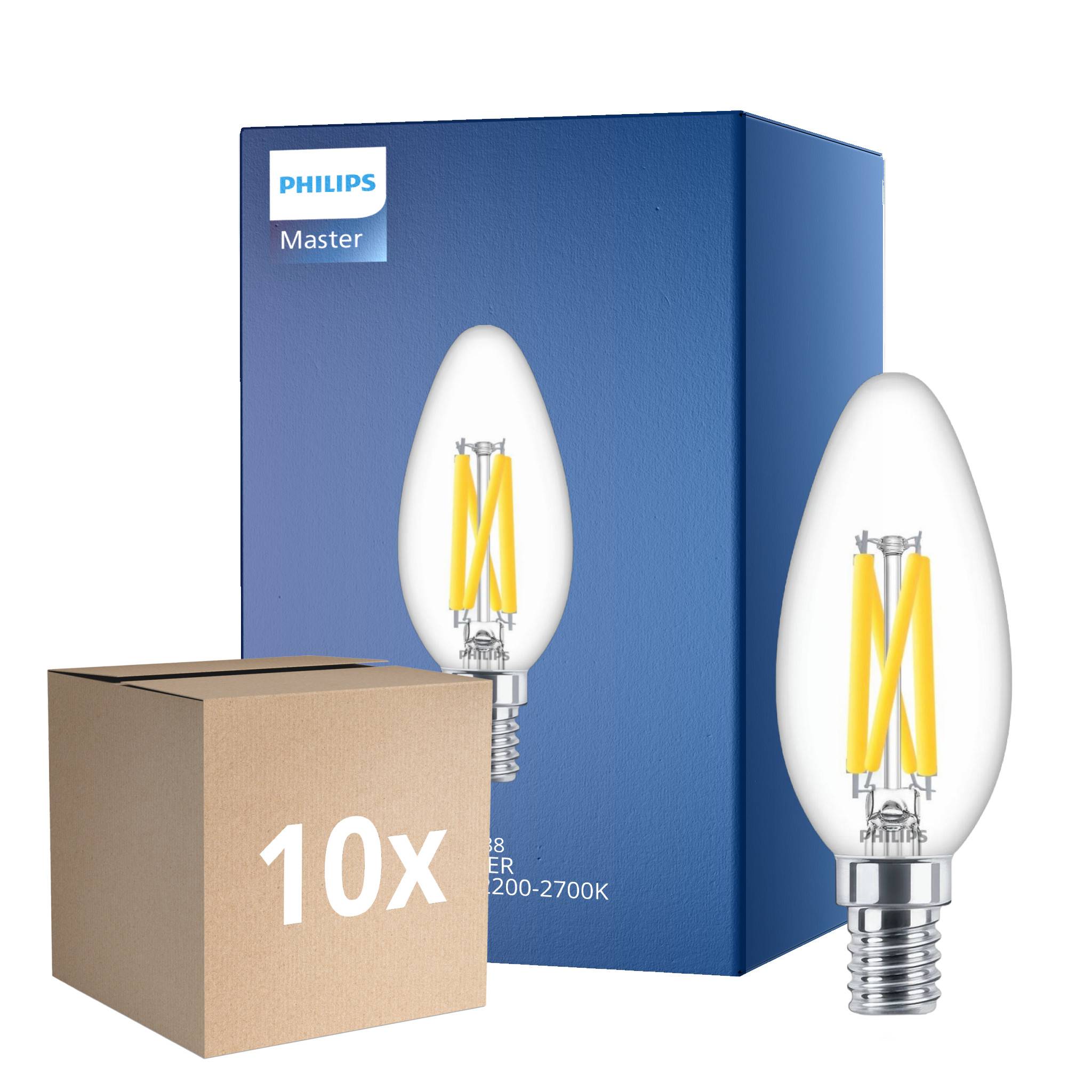 Fordelspakke 10x Philips MASTER LED E14 Kerte Filament Klar 3.4W 470lm - 922-927 Dim To Warm | Bedste Farvegengivelse - Dæmpbar - Erstatter 40W