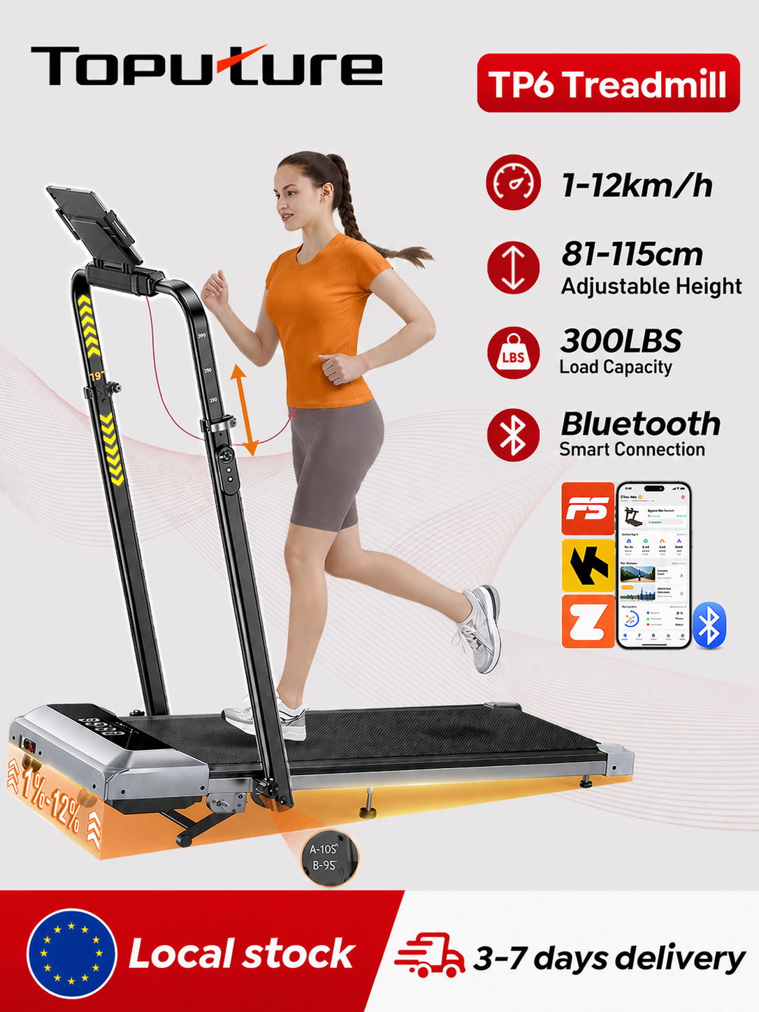 Toputure TP6 12% Incline Treadmill 6 In 1 Walking Running 0.75-2.5HP Foldable Under Desk Treadmill100*39cm Running Area With Adjustable Height Armrest LED Display Indoor Home Gym Exercise Treadmill