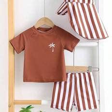 3 st/set randig rashguard baddräkt med solhatt för baby/småbarn, bekväm avslappnad söt mönsterbaddräkt för pojkar/flickor, lämplig för utomhussemester - Kaki (6-9M,9-12M,12-18M,18-24M,2-3Y)