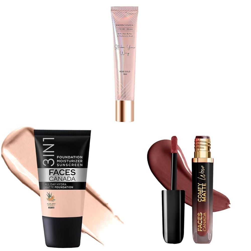 FACES CANADA Celeb Glow Combo | Strobe Cream - Rose Gold, 18ml + Hydra Matte Foundation - Rose Ivory, 18ml + Comfy Matte Wow - Cocoa Crush, 3.8ml