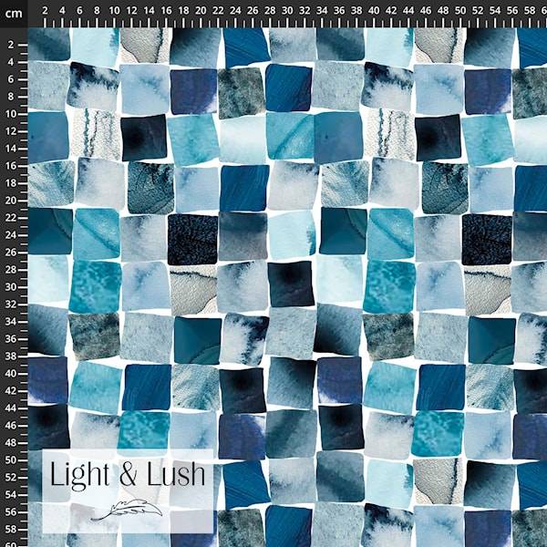 Twill Vævet Viskose m/blå mosaiktern, "Light & Lush 26 spring".