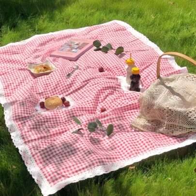 1 st charmig rektangulär picknickfilt i röd- och vitrutigt mönster, vävd viskosduksduk med spetskant, för bröllopssäsong och semester, lämplig för vin - Rosa (62*120,90*150,150*300,150cm*200cm (4-6),150*150 (2-3),150*240,30*60 cm liten handduk)