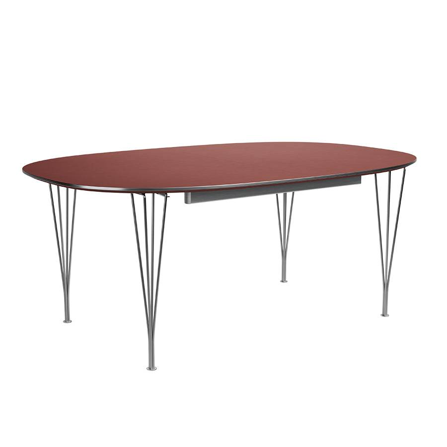 Piet Hein B619 Superellipse udtræksbord, 180/300 x 120 cm fra Fritz Hansen Rusty Red laminat m. alukant - Krom stel - Jacobsen Plus