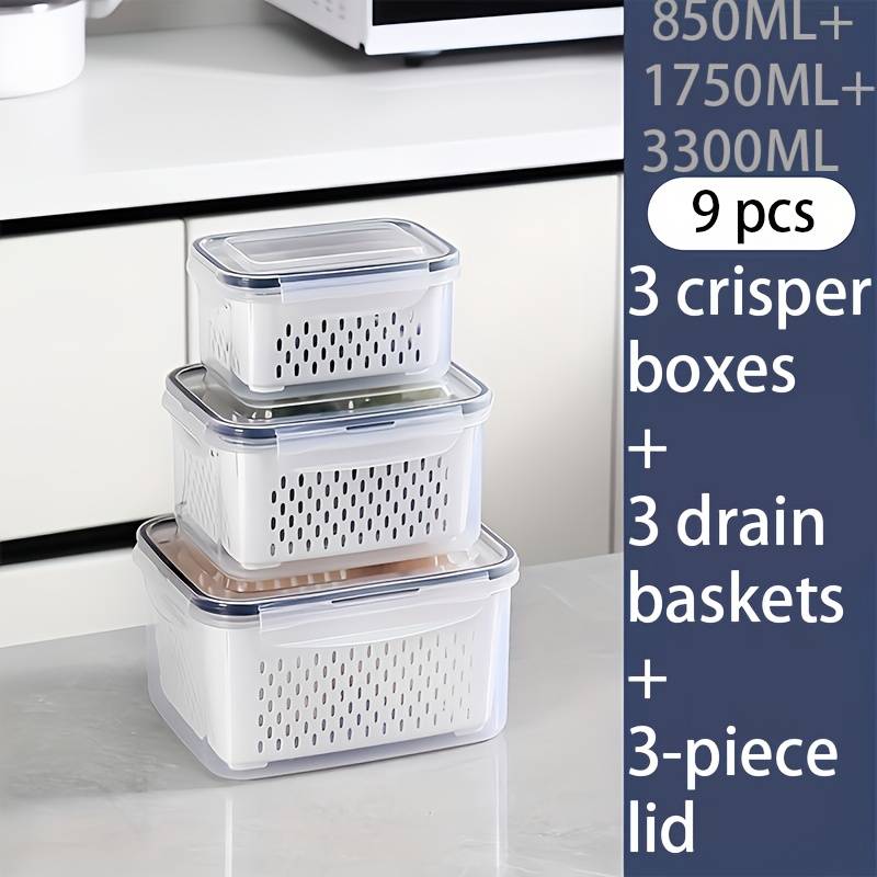 TEMU 9pcs (3 Containers + 3 Lids + 3 Draining Baskets) Plastic Food Storage Containers - Leak-proof, Freezer-safe, Reusable Kitchen Storage Boxes, Suitable For Fruits, Vegetables, And Most Of Food
