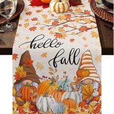 1pc Autumn Theme Table Runner, Cute Cartoon Dwarf Pumpkin Maple Leaf Design, Cartoon Rustic Style Linen-Like Material Table Runner, Thanksgiving, Autu - Orange - 33*183,33*200,33*91