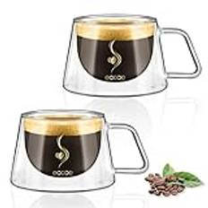Glastal Espressokopp på 120 ml, dubbelväggiga glas för espresso, kaffe, glaskoppar, set med 2 borosilikatglas, små kaffe- och tekoppar med handtag för americano med is, macchiato & mjölk