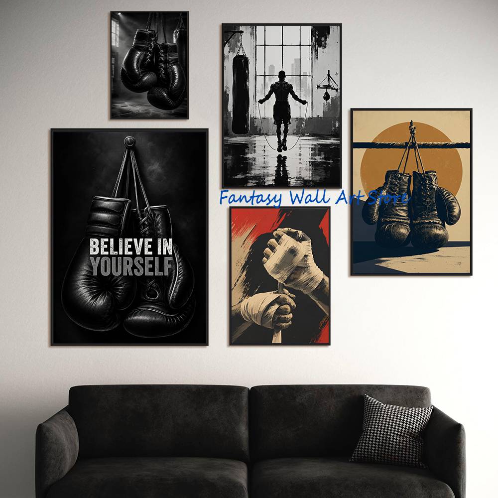 Vintage Sport Boxing Poster Boxing Gloves Black Minimalist Training Home Gym Poster Canvas Painting Wall Picture Home Decor Gift